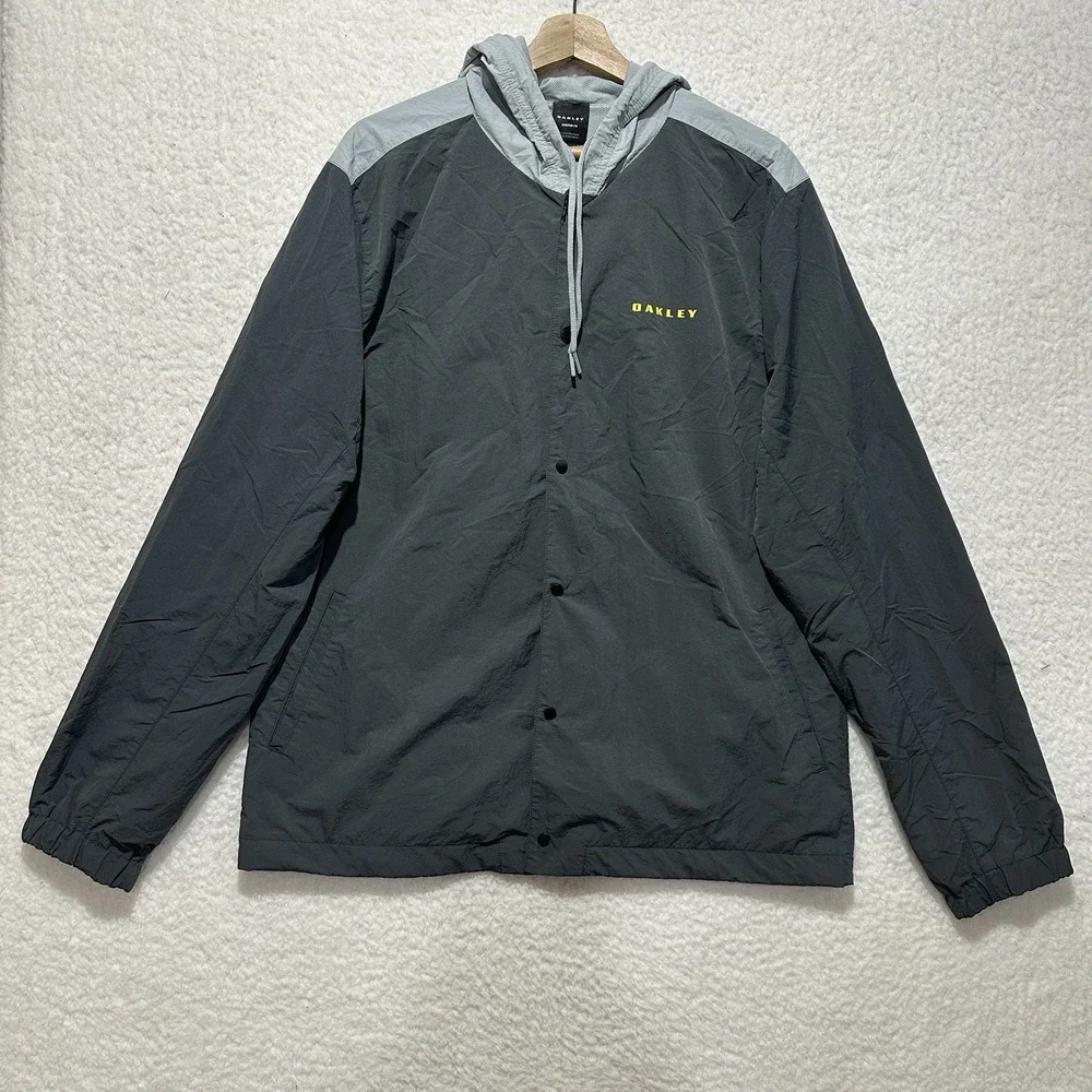 Vintage Oakley Custom Fit Gray Snap‎ Button Windbreaker Lined Hood Y2K Jacket XL
